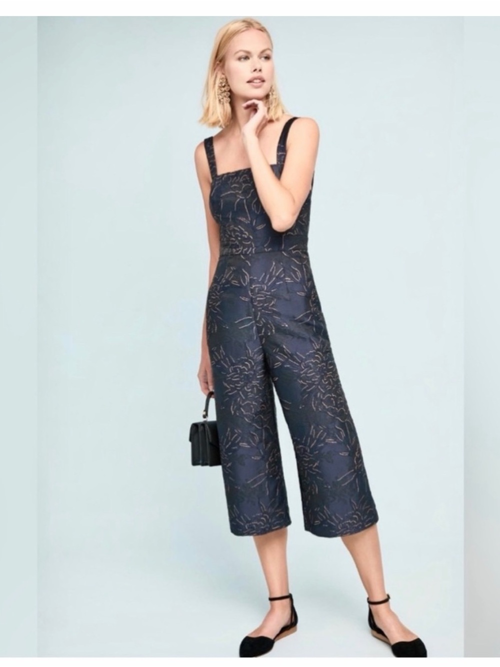 Anthropologie Sleeveless Navy Floral Jacquard Jumpsuit